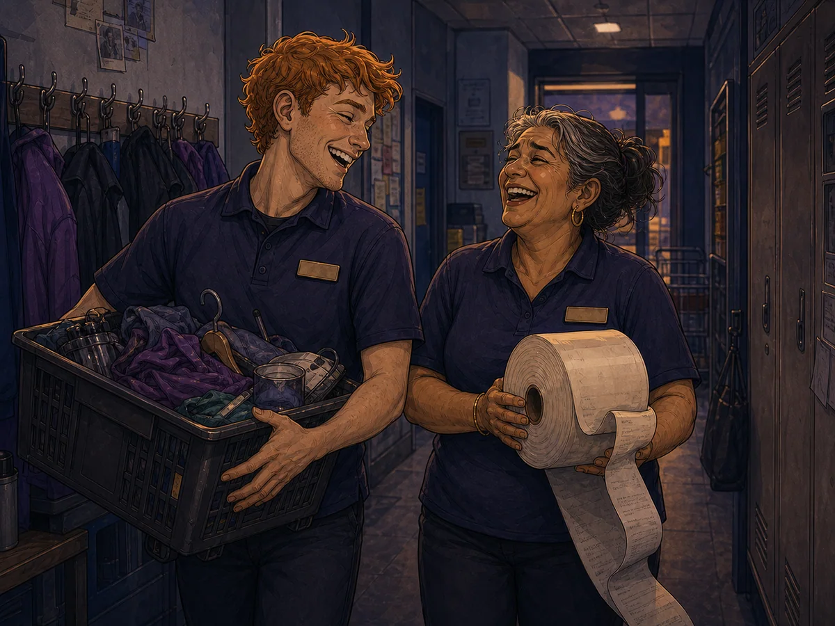 Two retail workers wearing name badges laughing together after a shift