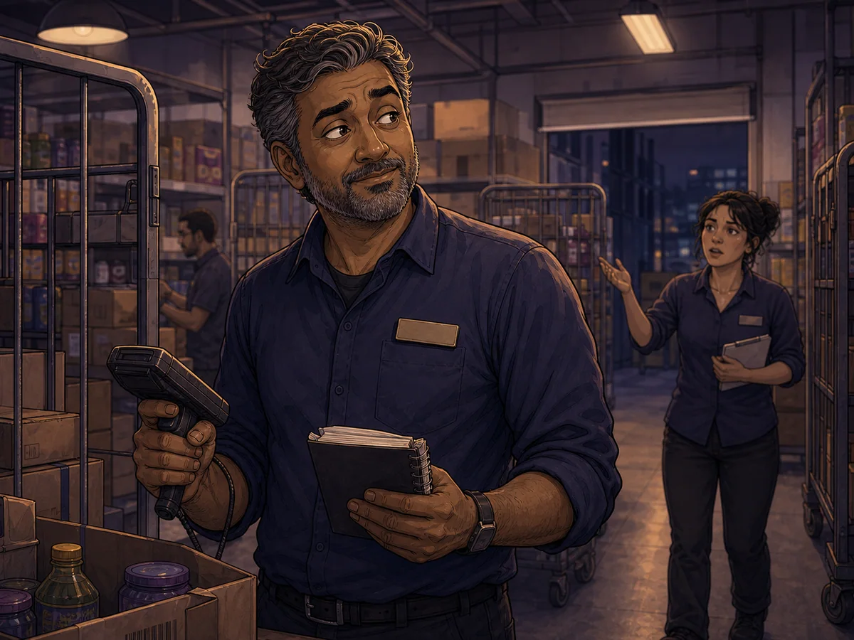 A retail worker with a name badge using a stock scanner and recording his skills