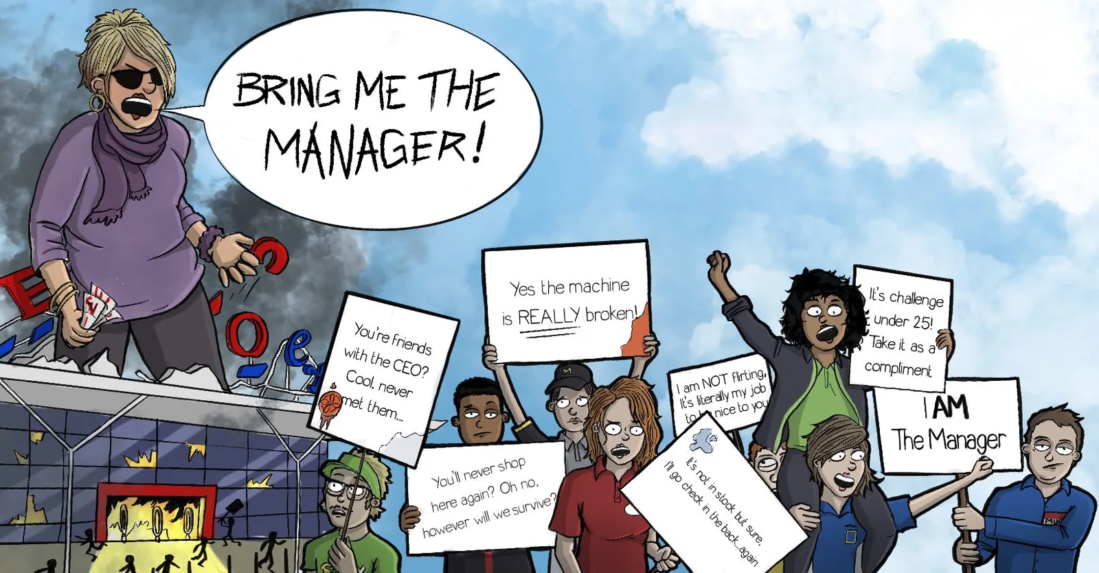 Retail Stole My Life illustration showing workers responding to familiar customer complaints